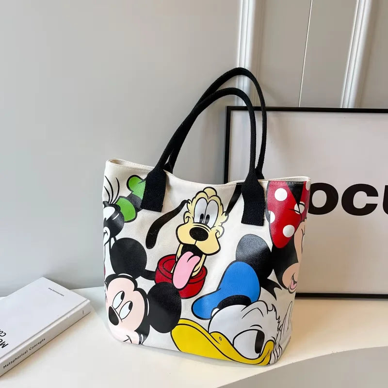 Disney Large Capacity Mickey Mouse Cartoon Canvas Tote Handbag - Women's Fashion Shoulder Bag with Zipper and Button Closure