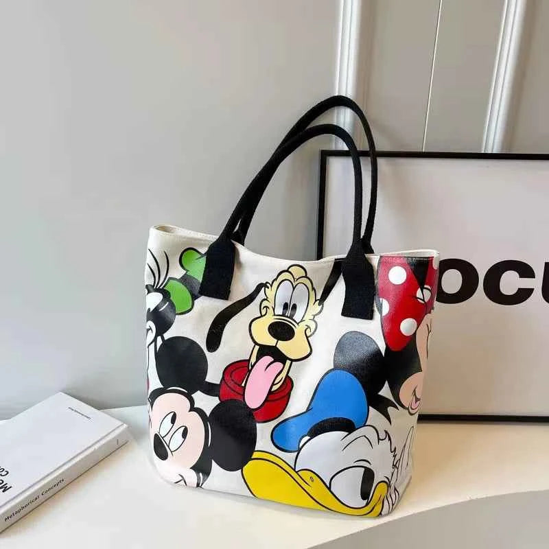 Disney Large Capacity Mickey Mouse Cartoon Canvas Tote Handbag - Women's Fashion Shoulder Bag with Zipper and Button Closure