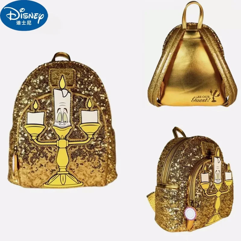 2024 New Hot  Loungefly Disney Beauty And The Beast Lumiere Sequin Mini Backpack Girl Gift Shoulder Bag Purse Cute Cartoon Girl'