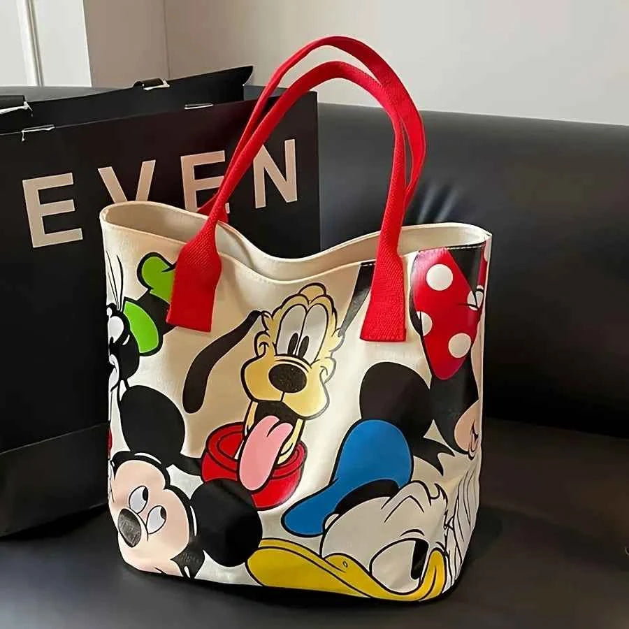 Disney Large Capacity Mickey Mouse Cartoon Canvas Tote Handbag - Women's Fashion Shoulder Bag with Zipper and Button Closure