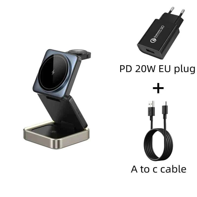 3 in 1 Wireless Magnetic Charger Metal Base with Foldable Design,with Ambient Light for Iphone,earphone,Watch 3 Devices Charger