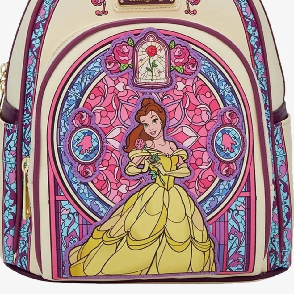 New Loungefly Disney Beauty and The Beast Belle Stained Glass Portrait Mini Backpack Wallet