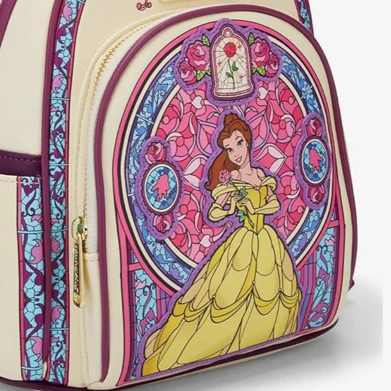 New Loungefly Disney Beauty and The Beast Belle Stained Glass Portrait Mini Backpack Wallet
