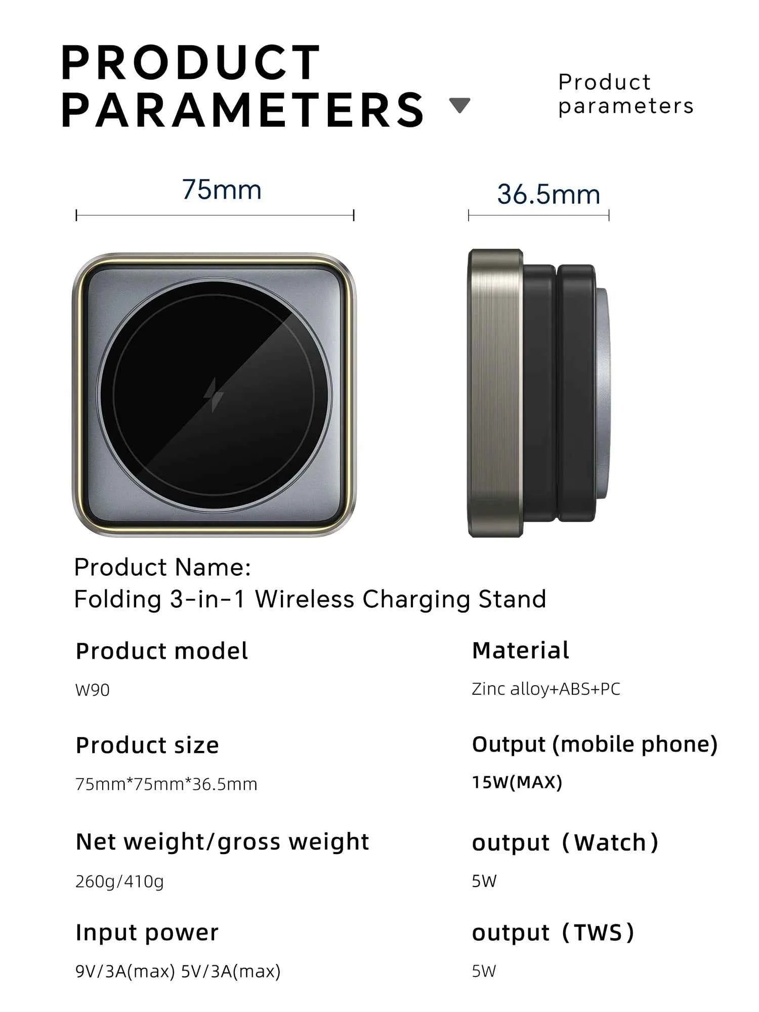 3 in 1 Wireless Magnetic Charger Metal Base with Foldable Design,with Ambient Light for Iphone,earphone,Watch 3 Devices Charger