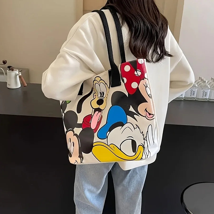 Disney Large Capacity Mickey Mouse Cartoon Canvas Tote Handbag - Women's Fashion Shoulder Bag with Zipper and Button Closure