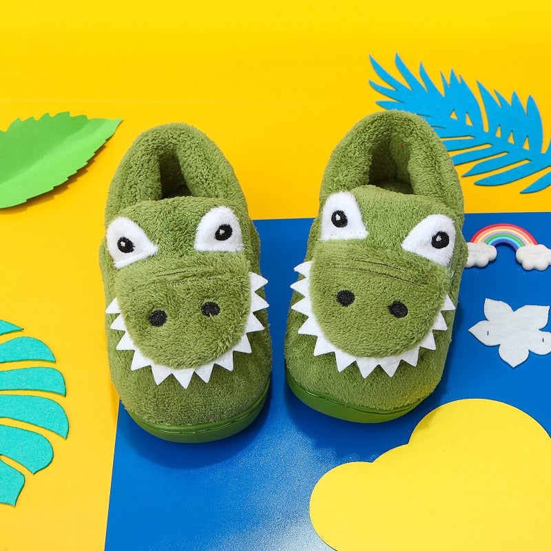 Boys' Dinosaur Slippers with Plush TPR Sole & Alligator/Crocodile Teeth - Warm Winter Indoor/Outdoor, Green & White Low-Top Easy Slip-On for, Cute Dino Footwear for Bedtime & Play